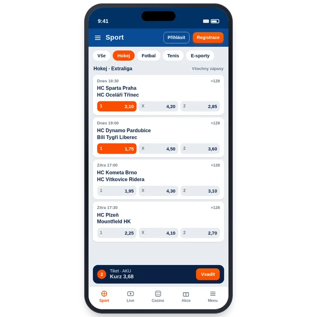 Sázkový tiket a kurzy na hokej v aplikaci Mostbet